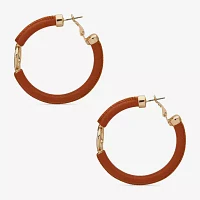 Worthington Gold Tone Cognac Leather Hoop Earrings