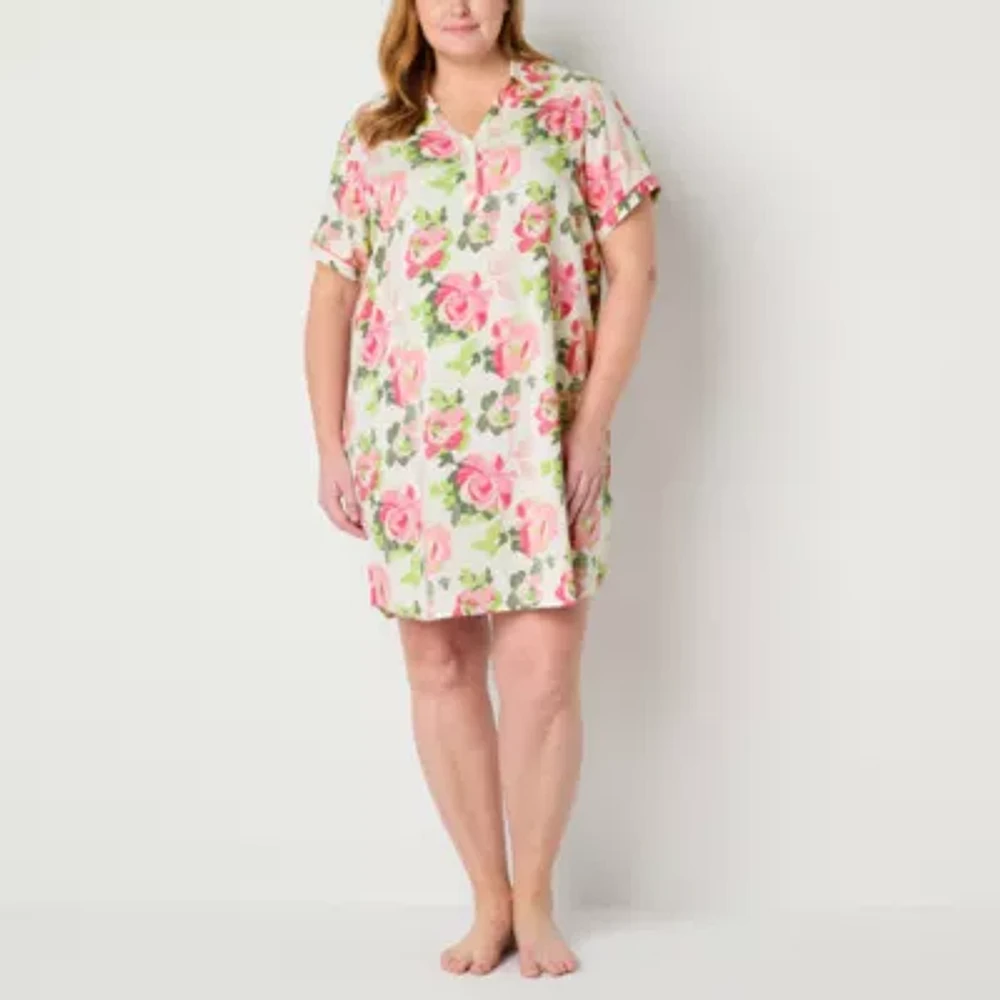Liz Claiborne Womens Plus Poplin Short Sleeve Nightshirt