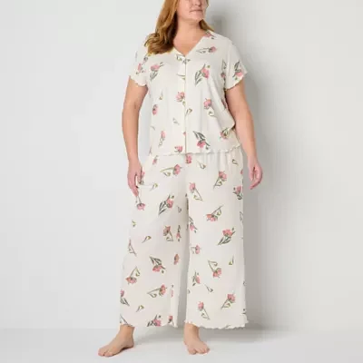 Liz Claiborne Womens Plus Rib 2-pc. V-Neck Short Sleeve Capri Pajama Set