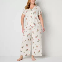 Liz Claiborne Womens Plus Rib 2-pc. V-Neck Short Sleeve Capri Pajama Set