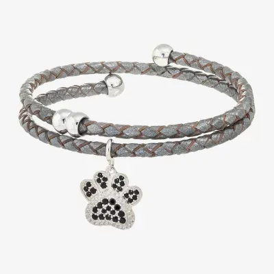 Sparkle Allure Leather Coil Paw Charm Cubic Zirconia Pure Silver Over Brass 12 Inch Braid Wrap Bracelet