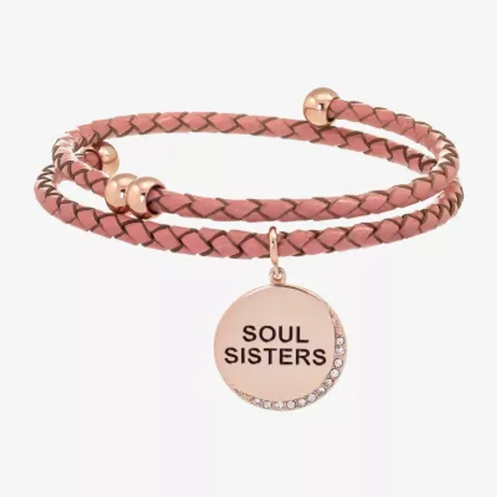 Sparkle Allure Pink Leather Coil Soul Sister Cubic Zirconia 18K Gold Over Brass 12 Inch Braid Round Wrap Bracelet