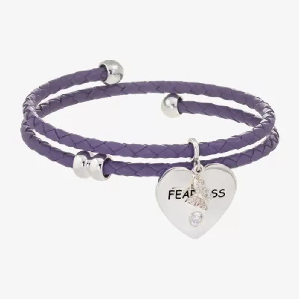 Sparkle Allure Purple Leather Coil Fearless Cubic Zirconia Pure Silver Over Brass 12 Inch Braid Butterfly Heart Wrap Bracelet