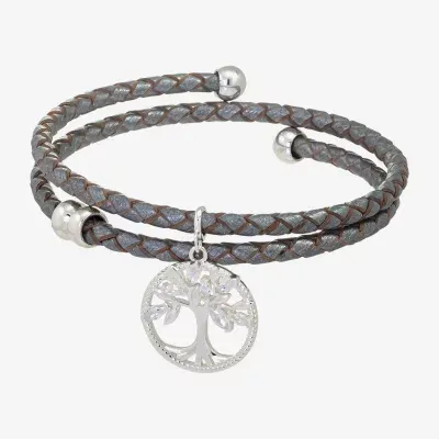 Sparkle Allure Grey Leather Coil Tree Of Life Cubic Zirconia Pure Silver Over Brass 12 Inch Braid Round Wrap Bracelet