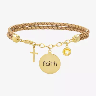 Sparkle Allure Leather Faith Cubic Zirconia 14K Gold Over Brass Braid Cross Round Charm Bracelet