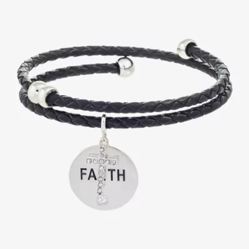 Sparkle Allure Black Leather Coil Faith Cubic Zirconia Pure Silver Over Brass 12 Inch Braid Cross Round Wrap Bracelet