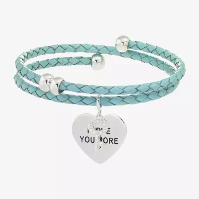 Sparkle Allure Light Blue Leather Coil Cubic Zirconia Pure Silver Over Brass 12 Inch Braid Heart Keys Wrap Bracelet