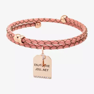 Sparkle Allure Pink Leather Coil Cubic Zirconia 18K Rose Gold Over Brass 12 Inch Braid Arrow Wrap Bracelet