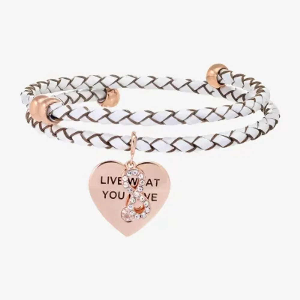 Sparkle Allure White Leather Coil Cubic Zirconia 18K Rose Gold Over Brass 12 Inch Braid Heart Infinity Wrap Bracelet