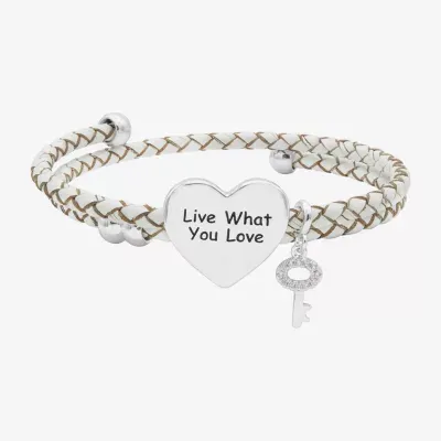 Sparkle Allure White Leather Coil Cubic Zirconia Pure Silver Over Brass 12 Inch Braid Heart Keys Wrap Bracelet