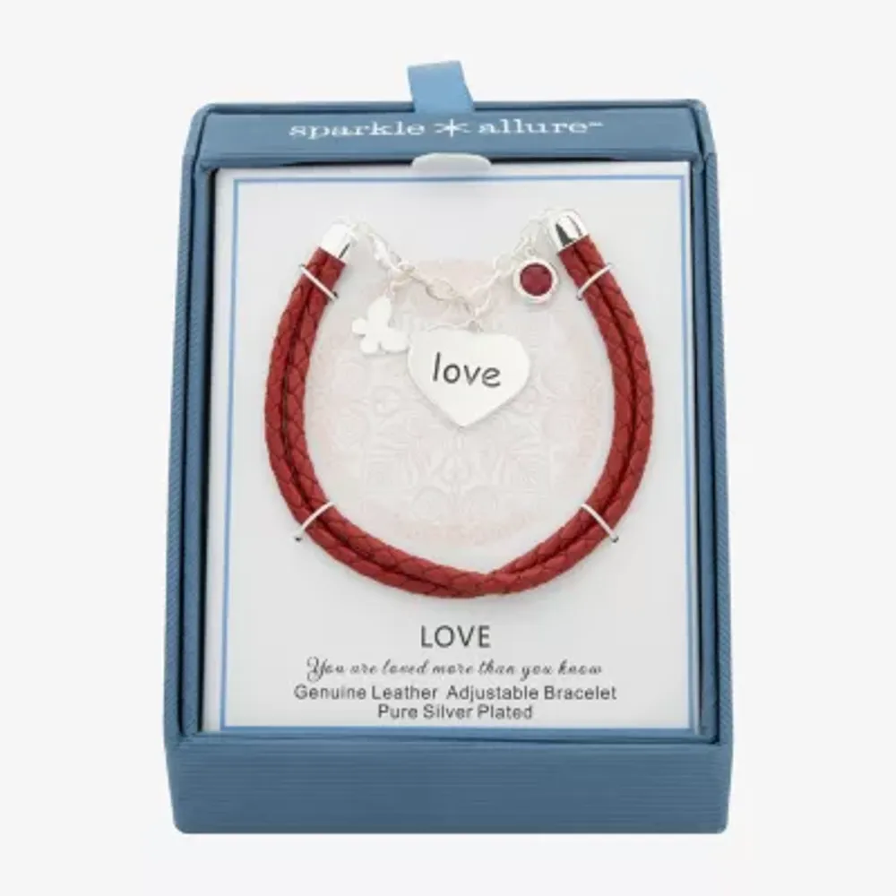 Sparkle Allure White Leather Love Cubic Zirconia Pure Silver Over Brass Braid Butterfly Heart Charm Bracelet
