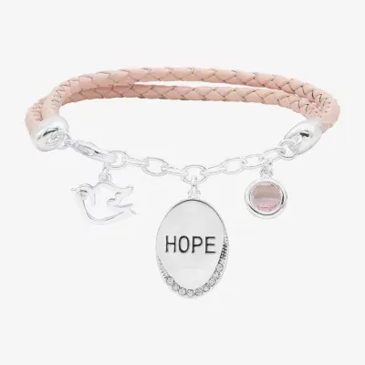 Sparkle Allure Pink Leather Hope Dove Cubic Zirconia Pure Silver Over Brass Braid Round Charm Bracelet