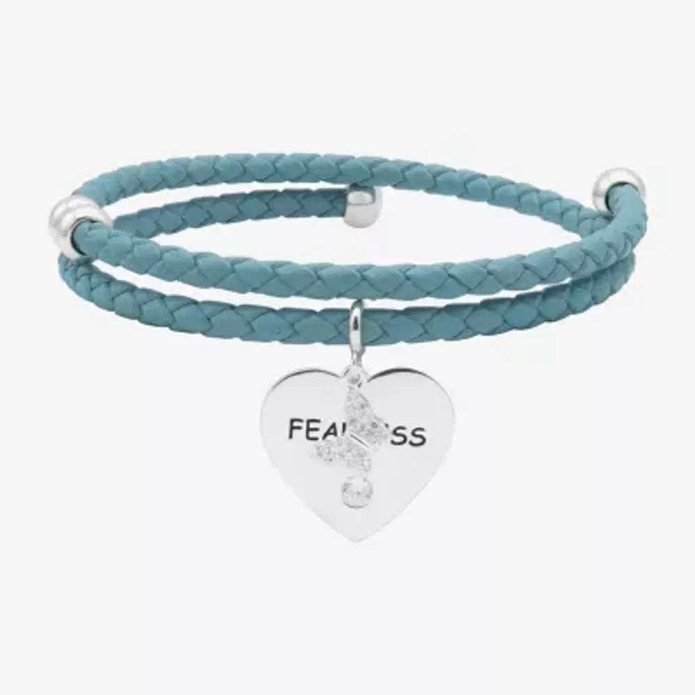 Sparkle Allure Blue Leather Coil Fearless Cubic Zirconia Pure Silver Over Brass 12 Inch Braid Heart Wrap Bracelet