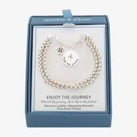 Sparkle Allure White Leather Compass Cubic Zirconia Pure Silver Over Brass Braid Round Charm Bracelet