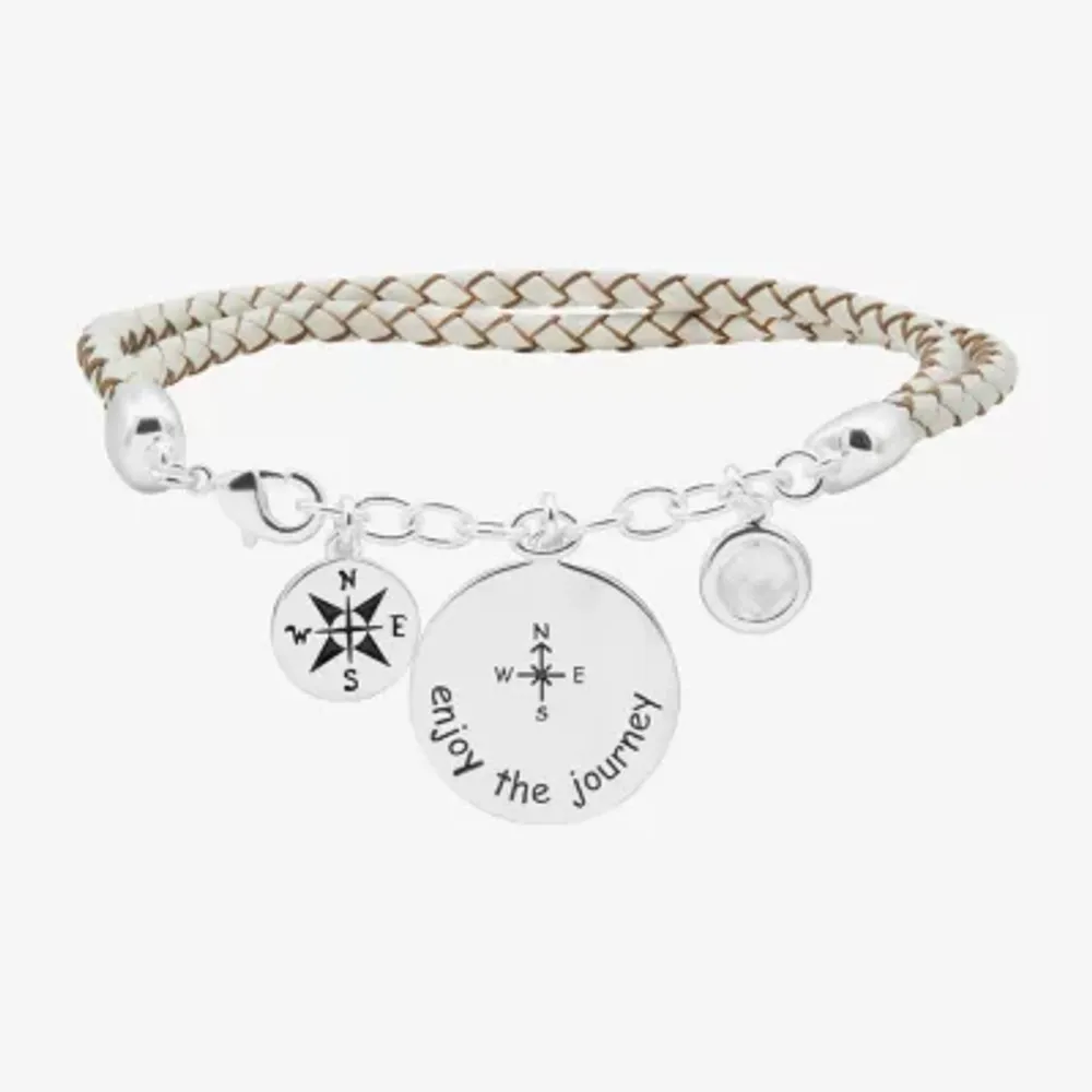 Sparkle Allure White Leather Compass Cubic Zirconia Pure Silver Over Brass Braid Round Charm Bracelet