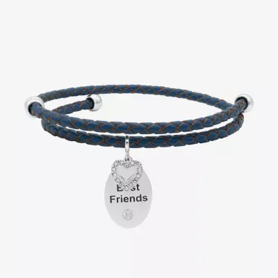 Sparkle Allure Navy Blue Leather Coil Best Friend Cubic Zirconia Pure Silver Over Brass 12 Inch Braid Heart Oval Charm Bracelet