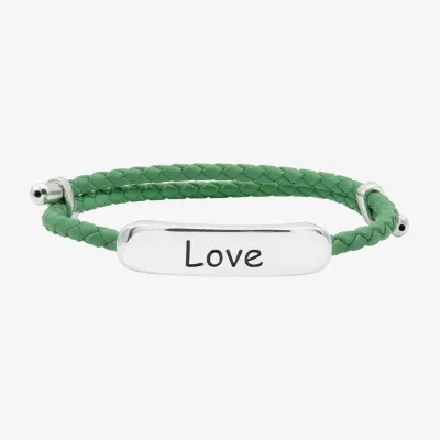 Sparkle Allure Green Leather Love Pure Silver Over Brass 12 Inch Braid Bar Bolo Bracelet