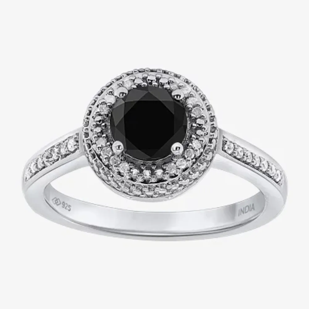 Womens 1 CT. T.W. Natural Black Diamond Sterling Silver Round Halo Cocktail Ring