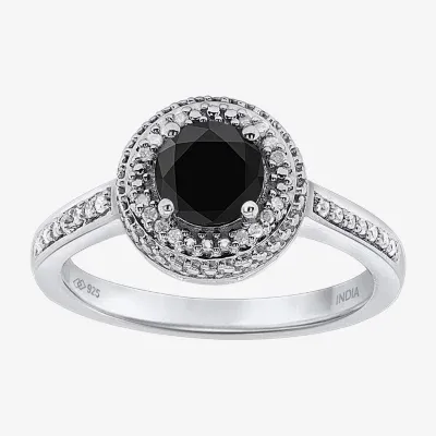 Womens 1 CT. T.W. Natural Black Diamond Sterling Silver Round Halo Cocktail Ring