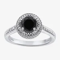 Womens 1 CT. T.W. Natural Black Diamond Sterling Silver Round Halo Cocktail Ring