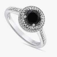 Womens 1 CT. T.W. Natural Black Diamond Sterling Silver Round Halo Cocktail Ring