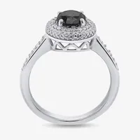 Womens 1 CT. T.W. Natural Black Diamond Sterling Silver Round Halo Cocktail Ring