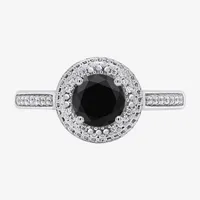 Womens 1 CT. T.W. Natural Black Diamond Sterling Silver Round Halo Cocktail Ring