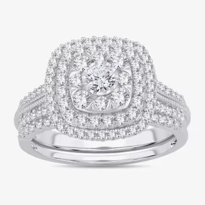 Womens 1 CT.T.W. Natural Diamond 10K or 14K White Gold Cushion Side Stone Halo Bridal Set