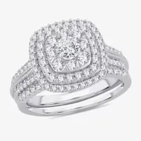 Womens 1 CT.T.W. Natural Diamond 10K or 14K White Gold Cushion Side Stone Halo Bridal Set