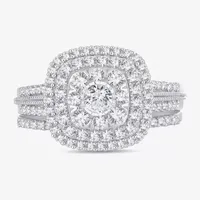 Womens 1 CT.T.W. Natural Diamond 10K or 14K White Gold Cushion Side Stone Halo Bridal Set