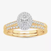 Womens 1 CT.T.W. Natural Diamond 10K or 14K Gold Oval Side Stone Halo Bridal Set