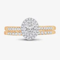 Womens 1/2 CT.T.W. Natural Diamond 10K or 14K Gold Oval Side Stone Halo Bridal Set