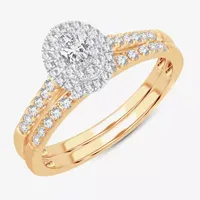 Womens 1/2 CT.T.W. Natural Diamond 10K or 14K Gold Oval Side Stone Halo Bridal Set