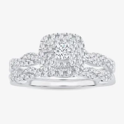 Womens 1/2 CT.T.W. Natural Diamond 10K or 14K White Gold Cushion Halo Bridal Set