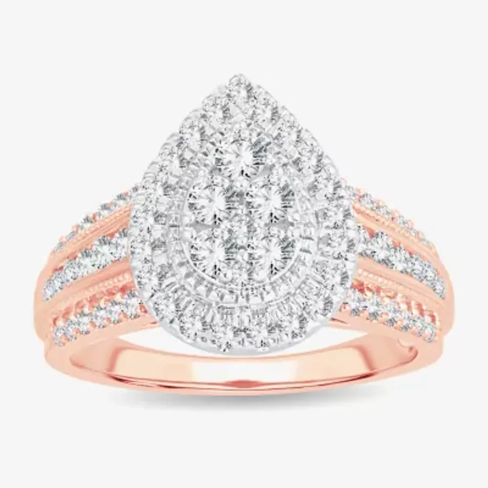 Womens 1 CT.T.W. Natural Diamond 10K or 14K Rose Gold Pear Side Stone Halo Engagement Ring