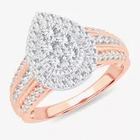 Womens 1 CT.T.W. Natural Diamond 10K or 14K Rose Gold Pear Side Stone Halo Engagement Ring