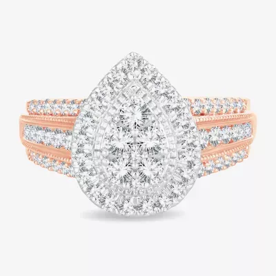 Womens 1 CT.T.W. Natural Diamond 10K or 14K Rose Gold Pear Side Stone Halo Engagement Ring