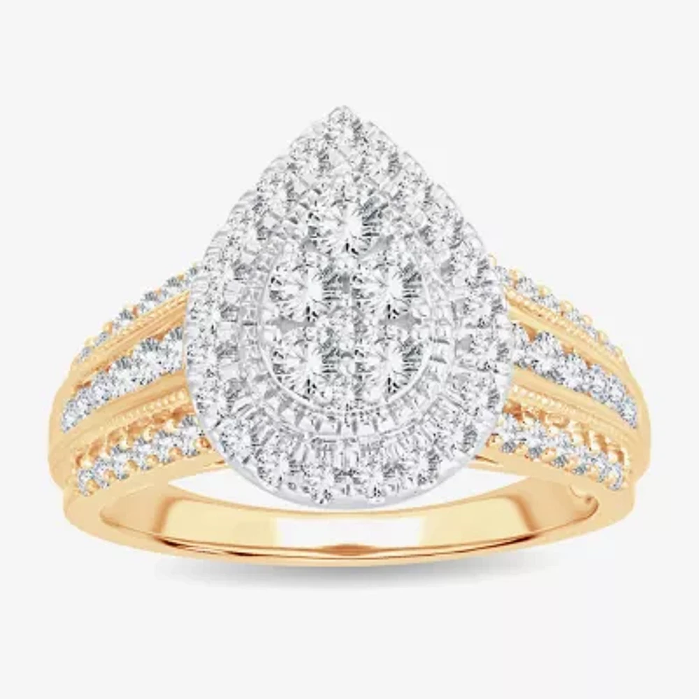 Womens 1 CT.T.W. Natural Diamond 10K or 14K Gold Pear Side Stone Halo Engagement Ring