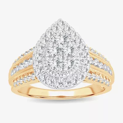 Womens 1 CT.T.W. Natural Diamond 10K or 14K Gold Pear Side Stone Halo Engagement Ring