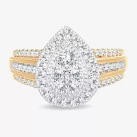 Womens 1/ CT.T.W. Natural Diamond 10K or 14K Gold Pear Side Stone Halo Engagement Ring