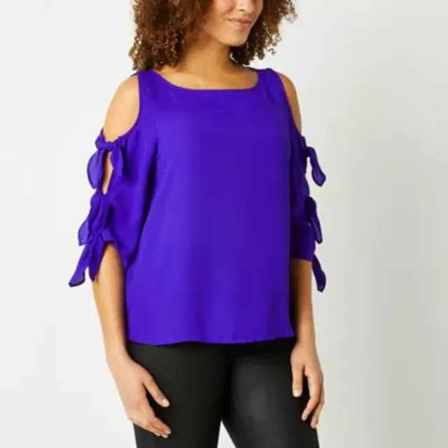 Worthington Womens Y Neck Elbow Sleeve Blouse