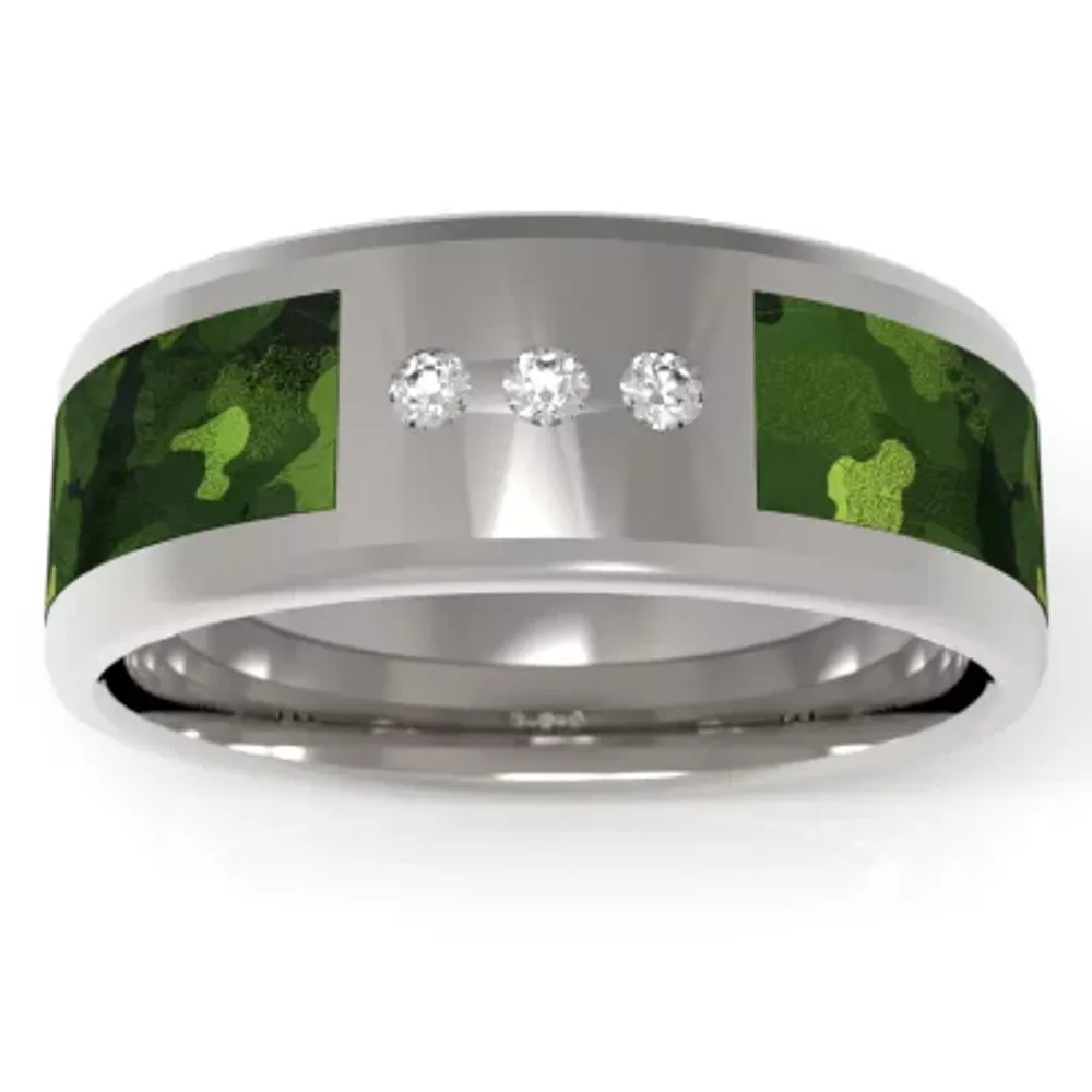 Green Camo 7MM 1/10 CT. T.W. Natural White Diamond Stainless Steel Wedding Band
