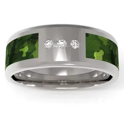 Green Camo 7MM 1/10 CT. T.W. Natural White Diamond Stainless Steel Wedding Band