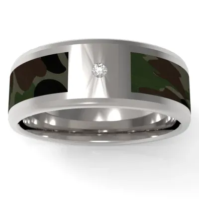 Green Camo 7MM Diamond Accent Natural White Stainless Steel Wedding Band