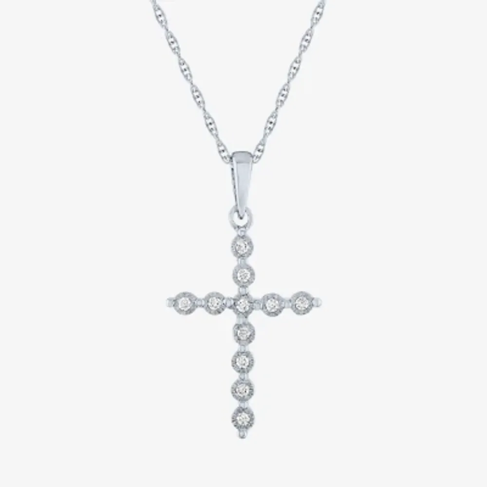 Yes Womens 1/10 CT. T.W. Natural White Diamond Sterling Silver Cross Pendant Necklaces