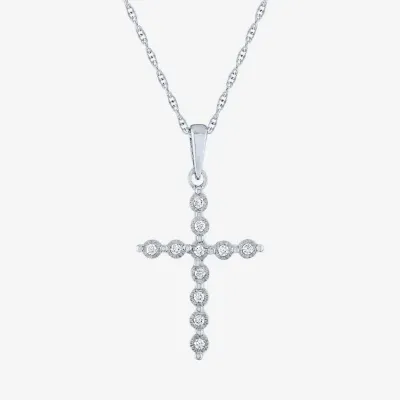 Yes Womens 1/10 CT. T.W. Natural White Diamond Sterling Silver Cross Pendant Necklaces
