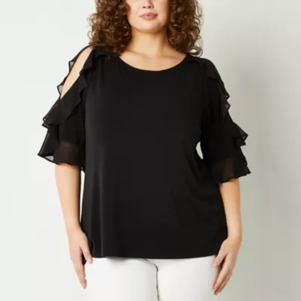 Bold Elements Womens Plus Ruffle Sleeve Cold Shoulder Blouse