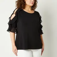 Bold Elements Womens Plus Ruffle Sleeve Cold Shoulder Blouse