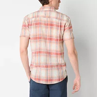 mutual weave Mens Linen Blend Short Sleeve Plaid Button-Down Shirt