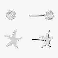 Silver Treasures Starfish 2 Pair Crystal Round Earring Set